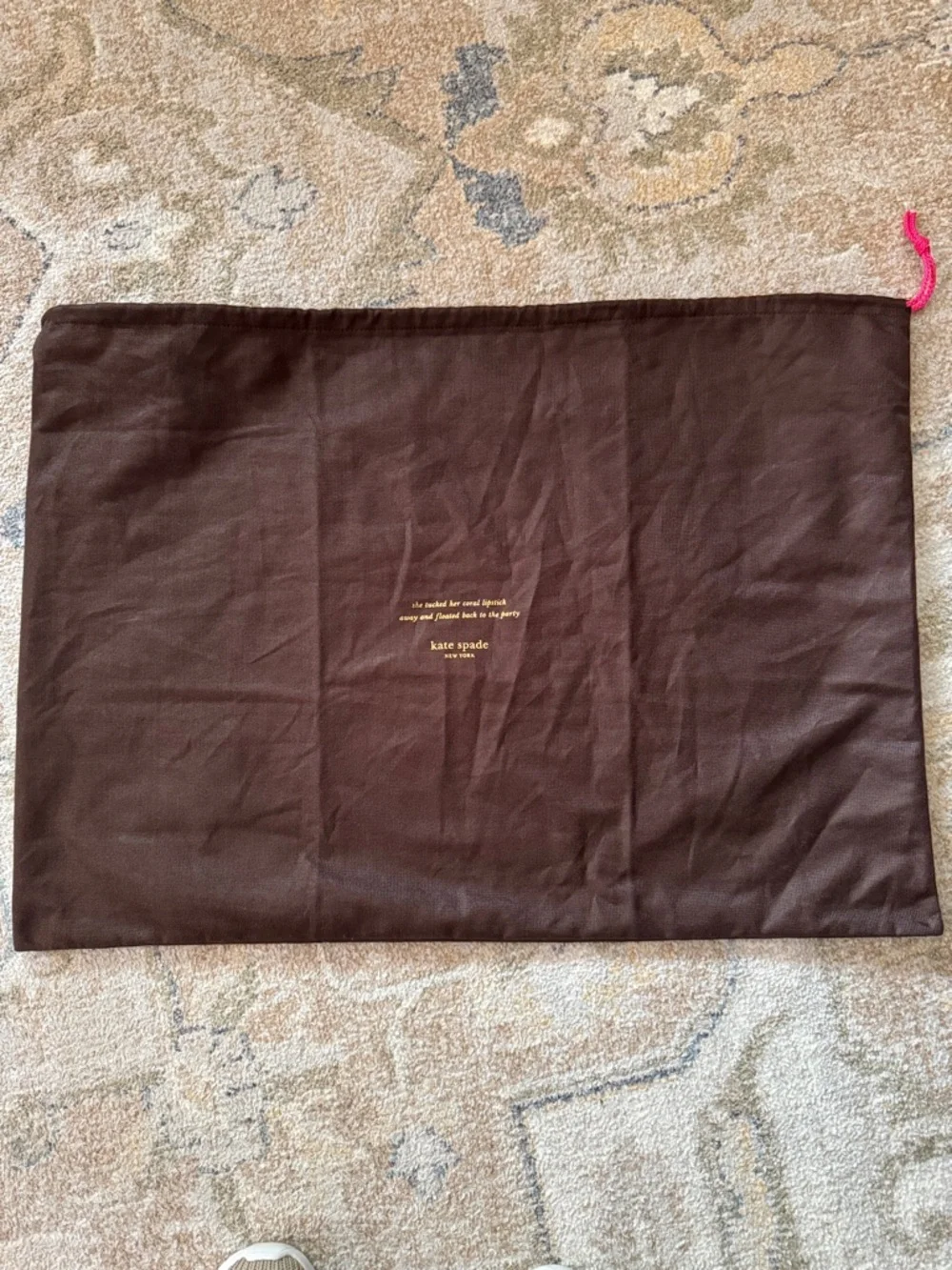kate spade XL Brown Drawstring Dust Bag with Gold Logo and Pink Pull